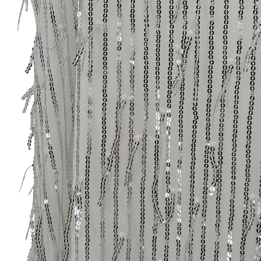 EXARUS Girls White Silver Sequin‎ Fringe Dress Feather Straps Size 14Y Hair Bow